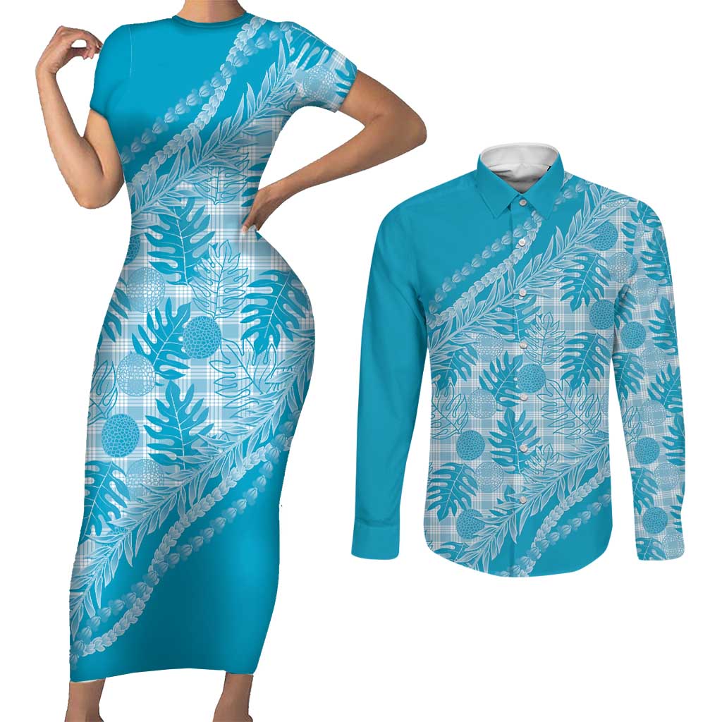 Hawaii Breadfruit Palaka Couples Matching Short Sleeve Bodycon Dress and Long Sleeve Button Shirt Polu Maile Lei LT9 Blue - Polynesian Pride
