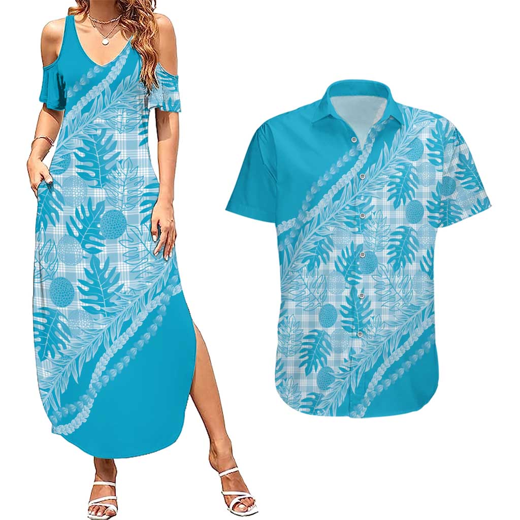 Hawaii Breadfruit Palaka Couples Matching Summer Maxi Dress and Hawaiian Shirt Polu Maile Lei LT9 Blue - Polynesian Pride