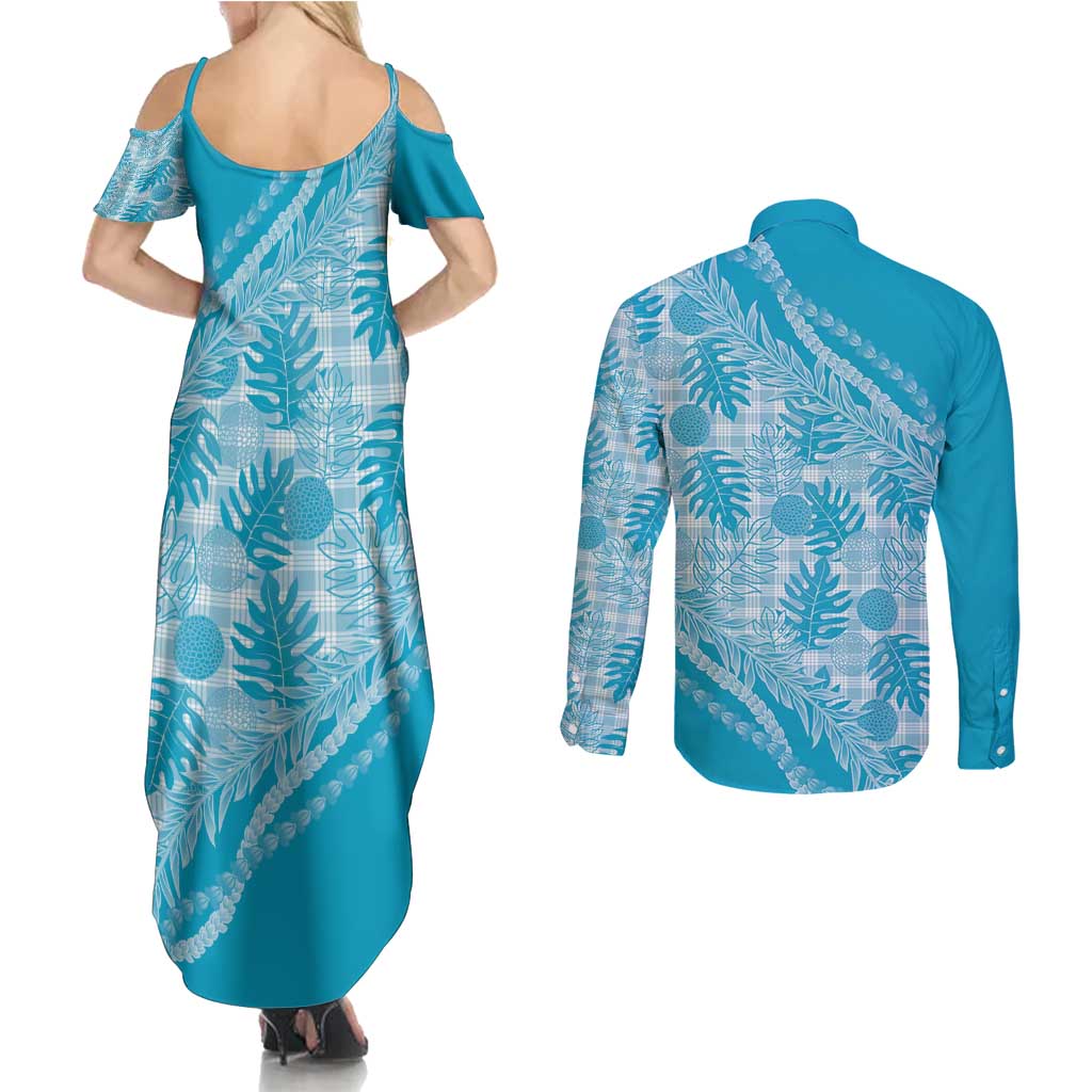 Hawaii Breadfruit Palaka Couples Matching Summer Maxi Dress and Long Sleeve Button Shirt Polu Maile Lei - Polynesian Pride