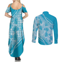 Hawaii Breadfruit Palaka Couples Matching Summer Maxi Dress and Long Sleeve Button Shirt Polu Maile Lei - Polynesian Pride