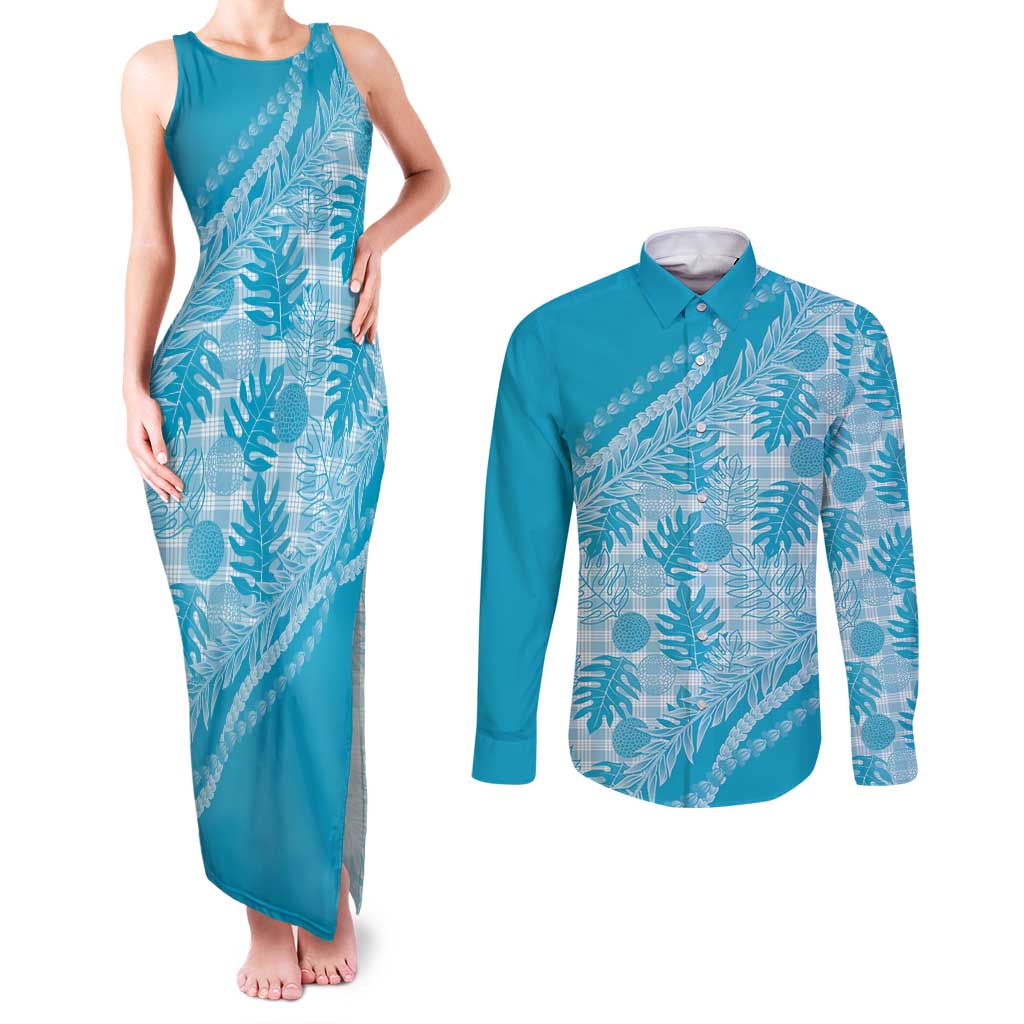 Hawaii Breadfruit Palaka Couples Matching Tank Maxi Dress and Long Sleeve Button Shirt Polu Maile Lei LT9 Blue - Polynesian Pride