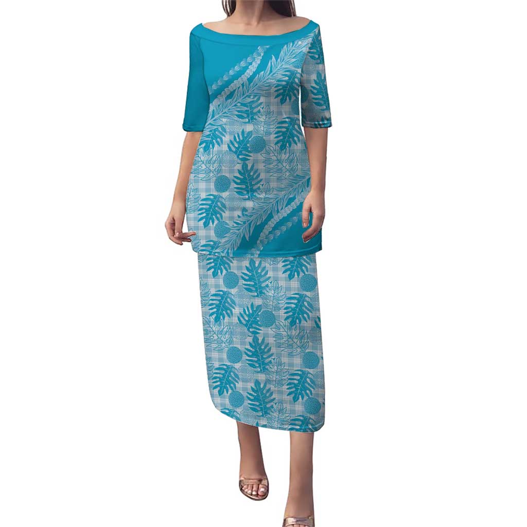 Hawaii Breadfruit Palaka Puletasi Polu Maile Lei LT9 Long Dress Blue - Polynesian Pride