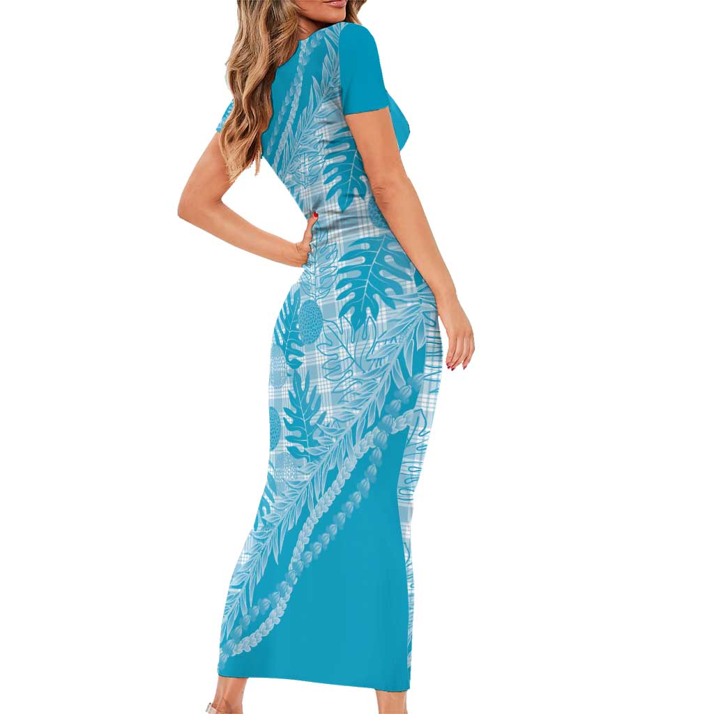 Hawaii Breadfruit Palaka Short Sleeve Bodycon Dress Polu Maile Lei - Polynesian Pride