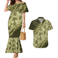 Hawaii Breadfruit Palaka Couples Matching Mermaid Dress and Hawaiian Shirt Omaomao Maile Lei - Polynesian Pride