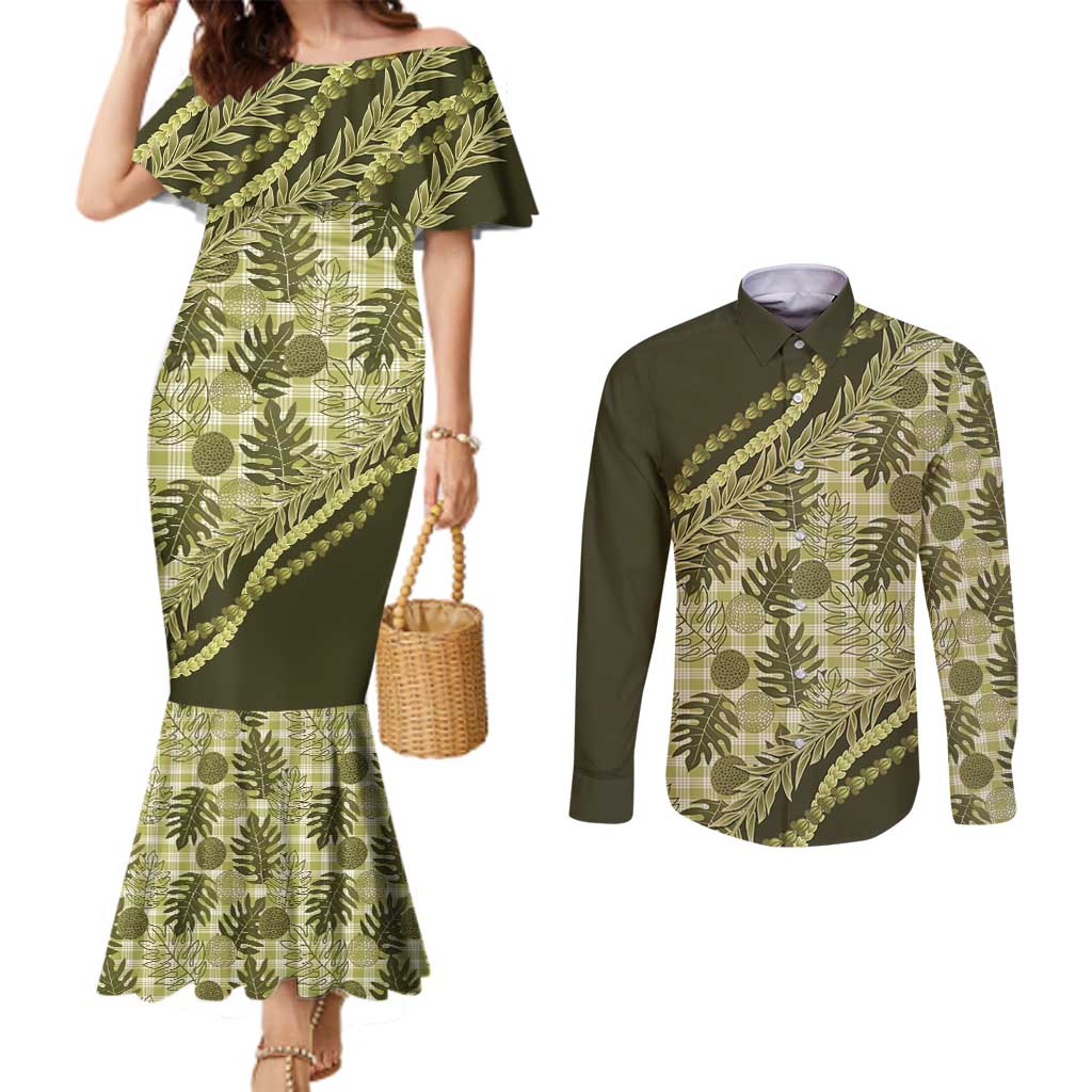 Hawaii Breadfruit Palaka Couples Matching Mermaid Dress and Long Sleeve Button Shirt Omaomao Maile Lei LT9 Green - Polynesian Pride