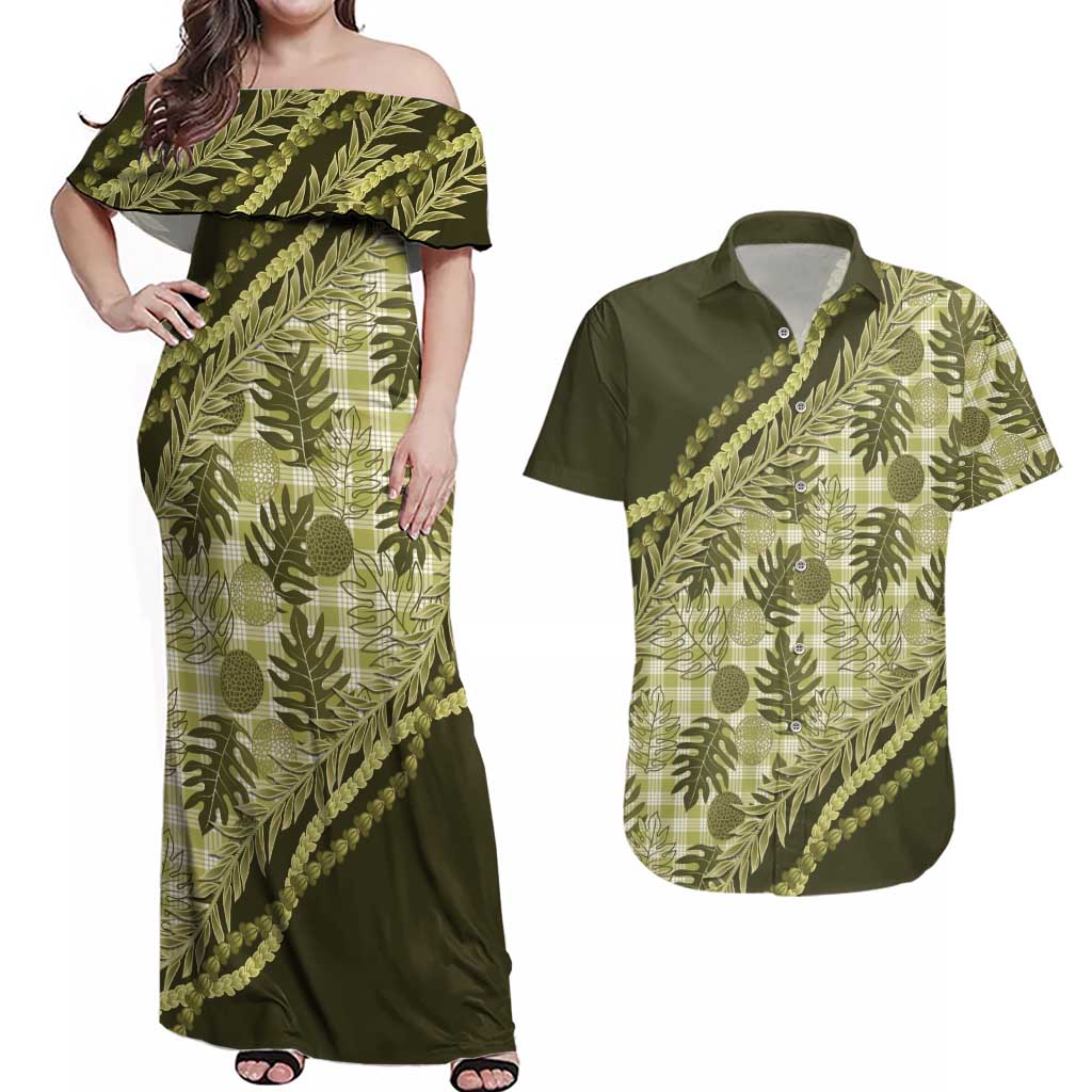 Hawaii Breadfruit Palaka Couples Matching Off Shoulder Maxi Dress and Hawaiian Shirt Omaomao Maile Lei LT9 Green - Polynesian Pride