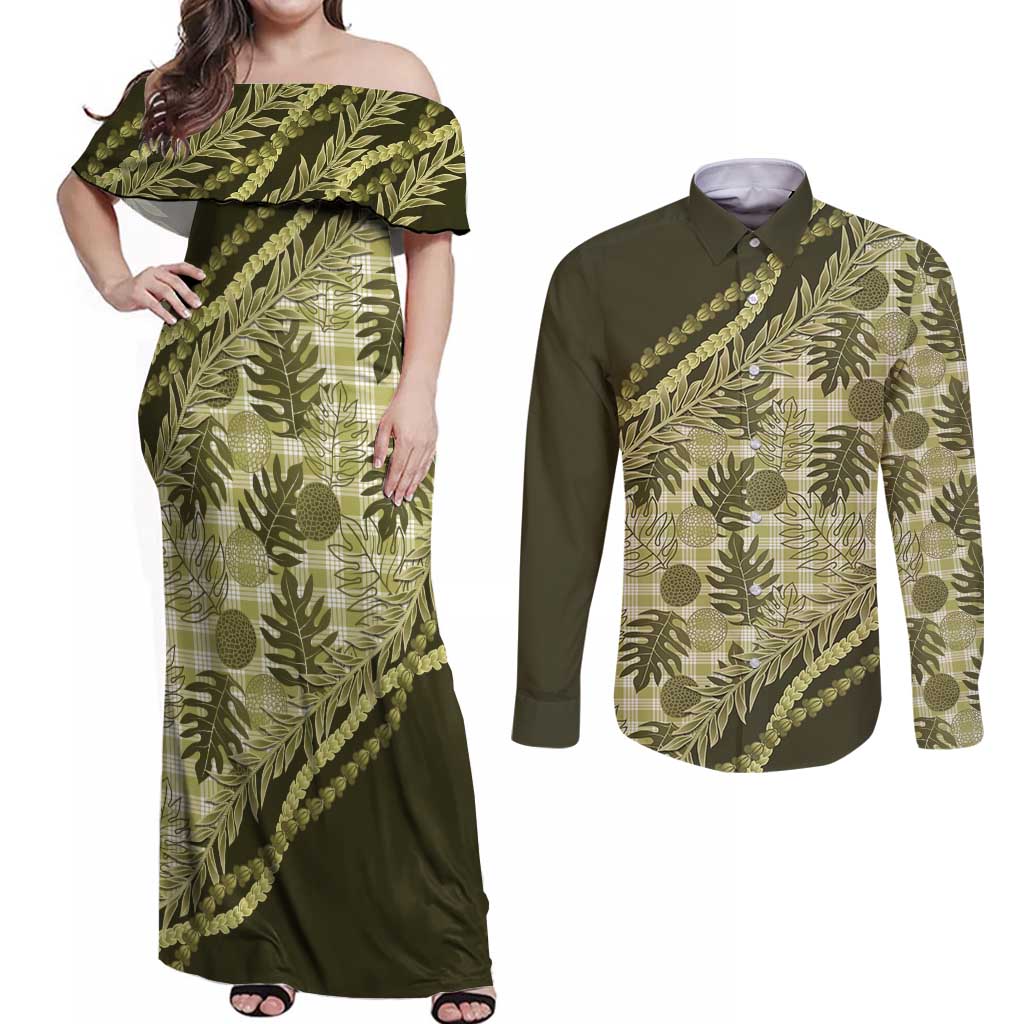 Hawaii Breadfruit Palaka Couples Matching Off Shoulder Maxi Dress and Long Sleeve Button Shirt Omaomao Maile Lei LT9 Green - Polynesian Pride