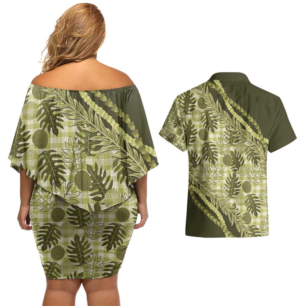 Hawaii Breadfruit Palaka Couples Matching Off Shoulder Short Dress and Hawaiian Shirt Omaomao Maile Lei - Polynesian Pride