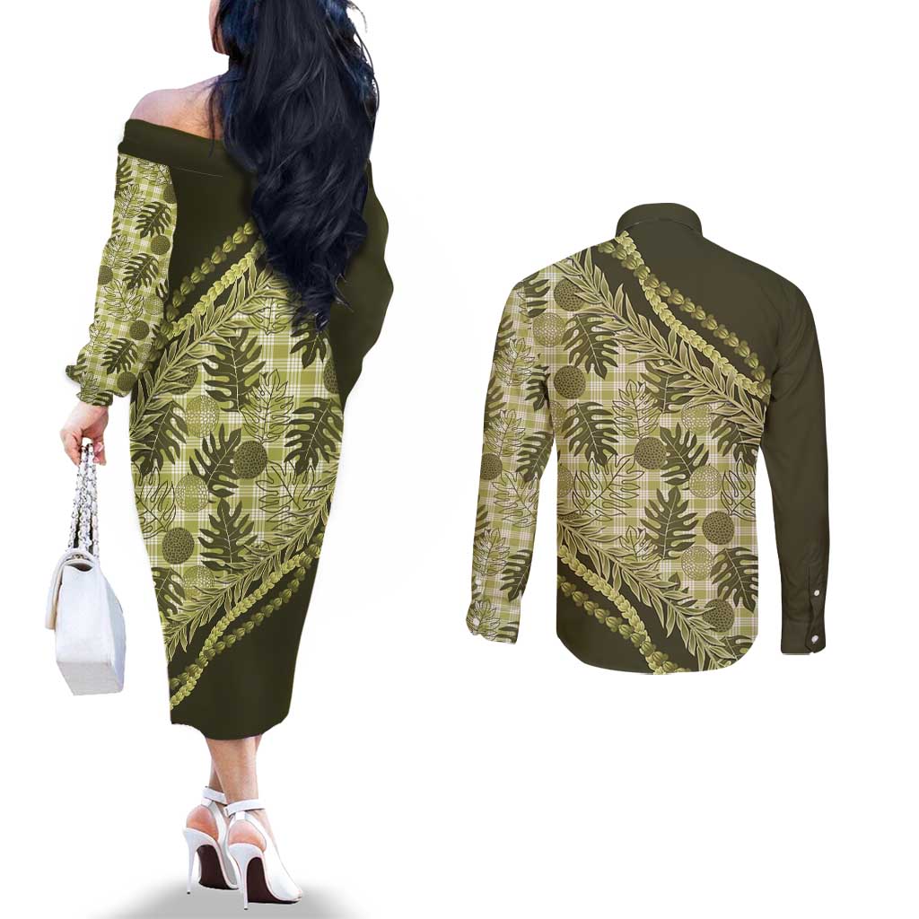 Hawaii Breadfruit Palaka Couples Matching Off The Shoulder Long Sleeve Dress and Long Sleeve Button Shirt Omaomao Maile Lei - Polynesian Pride