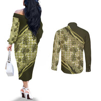 Hawaii Breadfruit Palaka Couples Matching Off The Shoulder Long Sleeve Dress and Long Sleeve Button Shirt Omaomao Maile Lei - Polynesian Pride