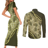 Hawaii Breadfruit Palaka Couples Matching Short Sleeve Bodycon Dress and Long Sleeve Button Shirt Omaomao Maile Lei - Polynesian Pride