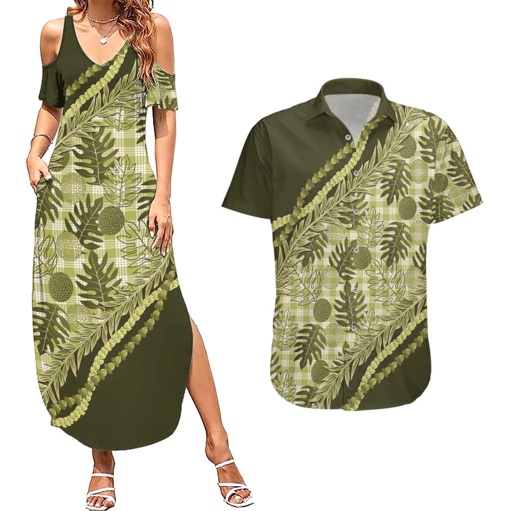 Hawaii Breadfruit Palaka Couples Matching Summer Maxi Dress and Hawaiian Shirt Omaomao Maile Lei LT9 Green - Polynesian Pride