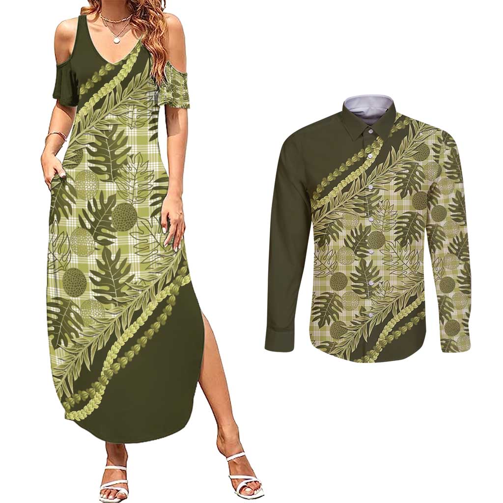Hawaii Breadfruit Palaka Couples Matching Summer Maxi Dress and Long Sleeve Button Shirt Omaomao Maile Lei - Polynesian Pride
