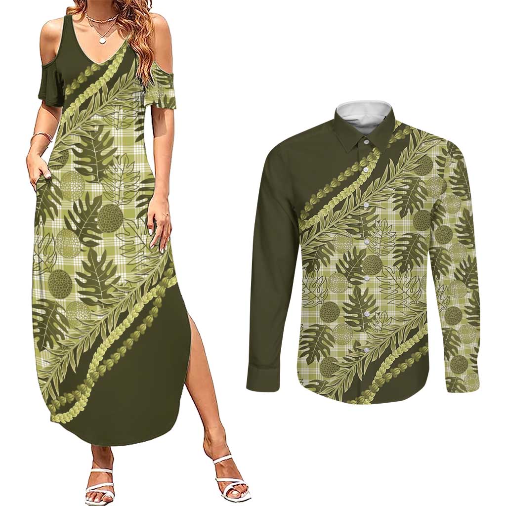 Hawaii Breadfruit Palaka Couples Matching Summer Maxi Dress and Long Sleeve Button Shirt Omaomao Maile Lei LT9 Green - Polynesian Pride