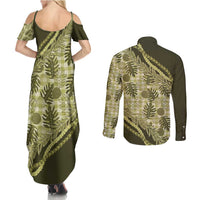 Hawaii Breadfruit Palaka Couples Matching Summer Maxi Dress and Long Sleeve Button Shirt Omaomao Maile Lei - Polynesian Pride