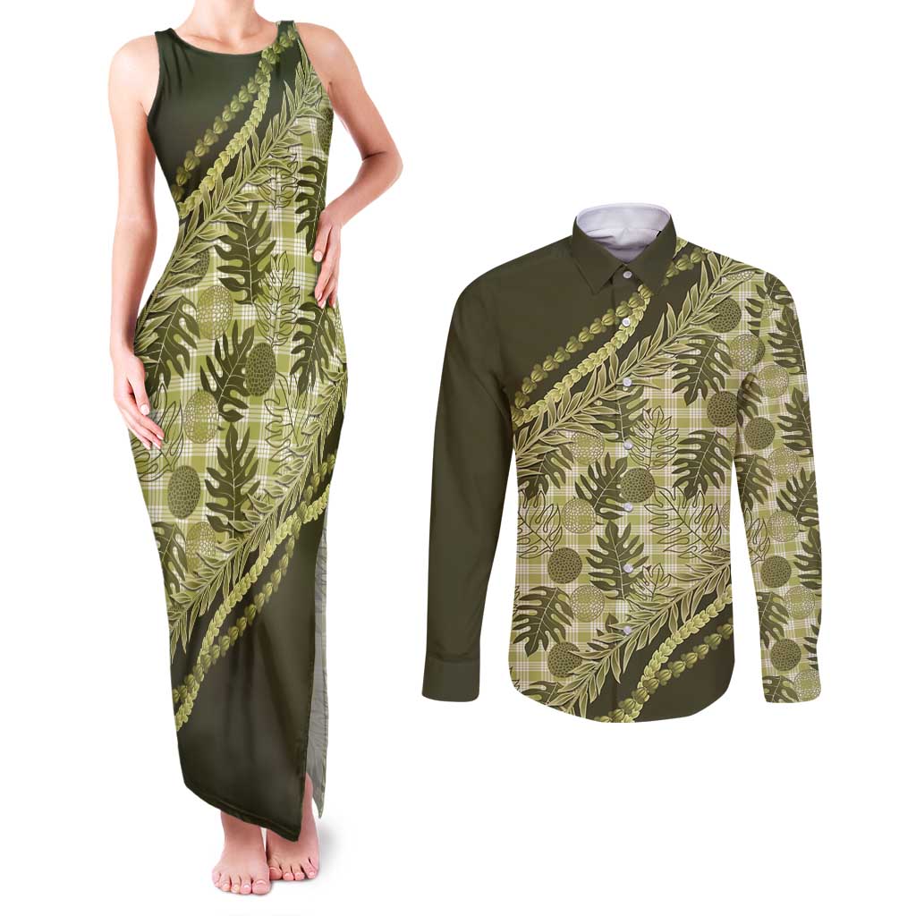 Hawaii Breadfruit Palaka Couples Matching Tank Maxi Dress and Long Sleeve Button Shirt Omaomao Maile Lei LT9 Green - Polynesian Pride