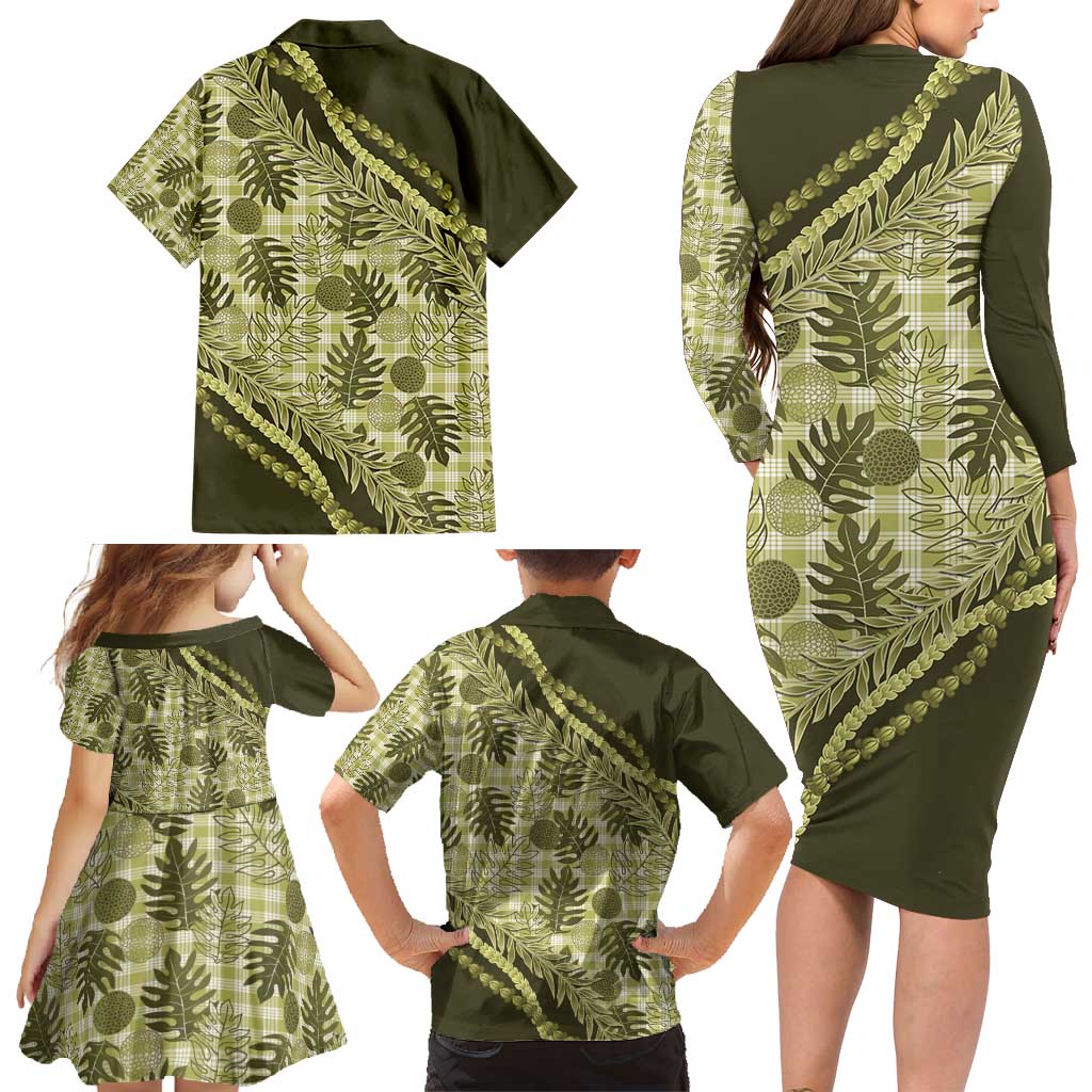 Hawaii Breadfruit Palaka Family Matching Long Sleeve Bodycon Dress and Hawaiian Shirt Omaomao Maile Lei - Polynesian Pride