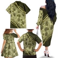 Hawaii Breadfruit Palaka Family Matching Off The Shoulder Long Sleeve Dress and Hawaiian Shirt Omaomao Maile Lei - Polynesian Pride