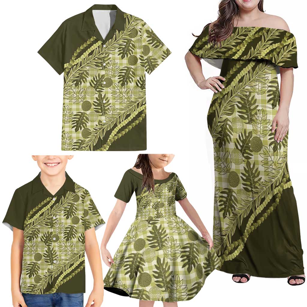 Hawaii Breadfruit Palaka Family Matching Off Shoulder Maxi Dress and Hawaiian Shirt Omaomao Maile Lei LT9 - Polynesian Pride