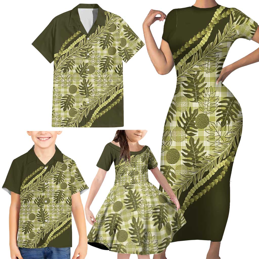 Hawaii Breadfruit Palaka Family Matching Short Sleeve Bodycon Dress and Hawaiian Shirt Omaomao Maile Lei LT9 - Polynesian Pride