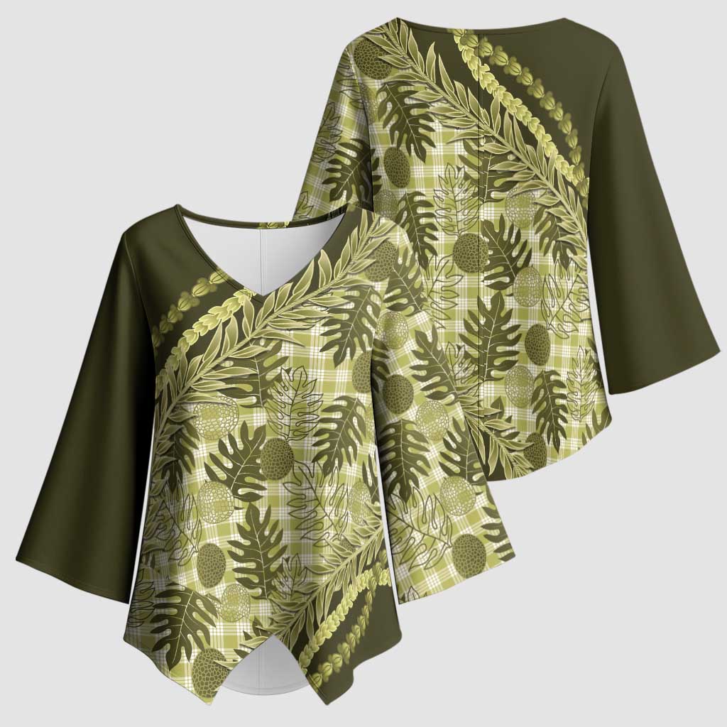 Hawaii Breadfruit Palaka Kimono Sleeve Blouse Omaomao Maile Lei - Polynesian Pride