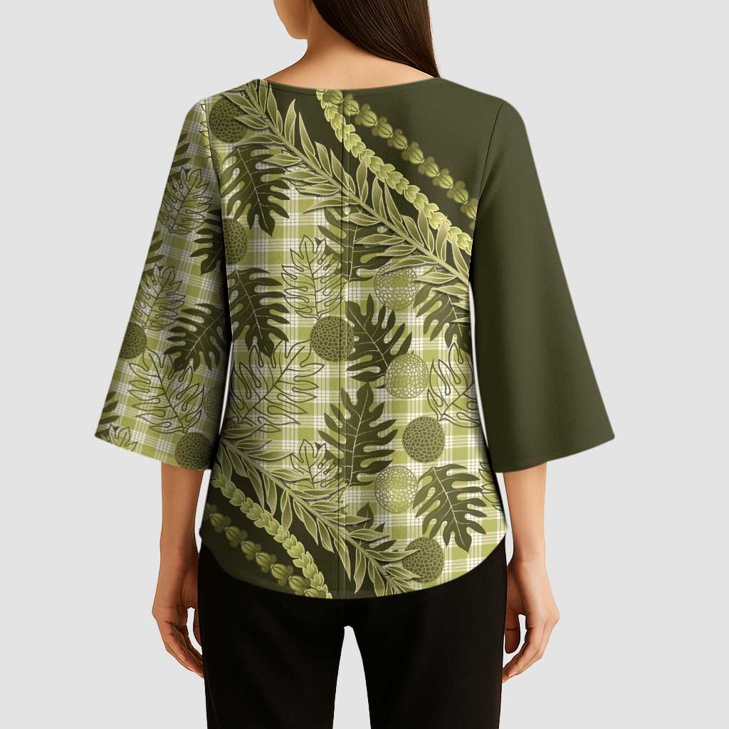 Hawaii Breadfruit Palaka Kimono Sleeve Blouse Omaomao Maile Lei - Polynesian Pride