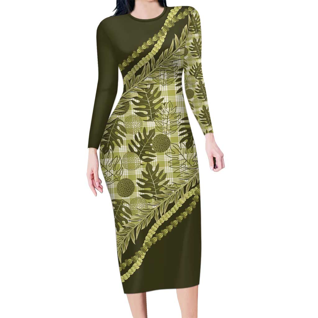 Hawaii Breadfruit Palaka Long Sleeve Bodycon Dress Omaomao Maile Lei - Polynesian Pride