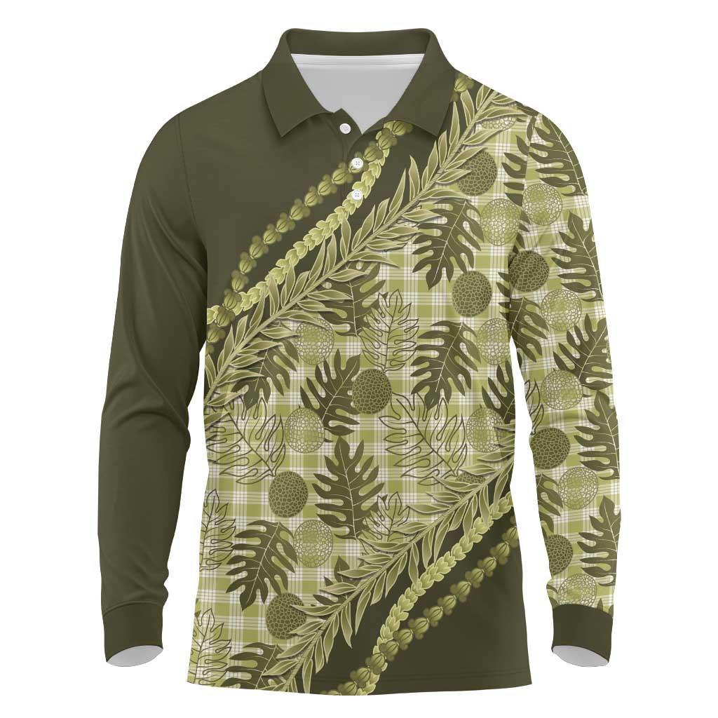 Hawaii Breadfruit Palaka Long Sleeve Polo Shirt Omaomao Maile Lei LT9 Green - Polynesian Pride