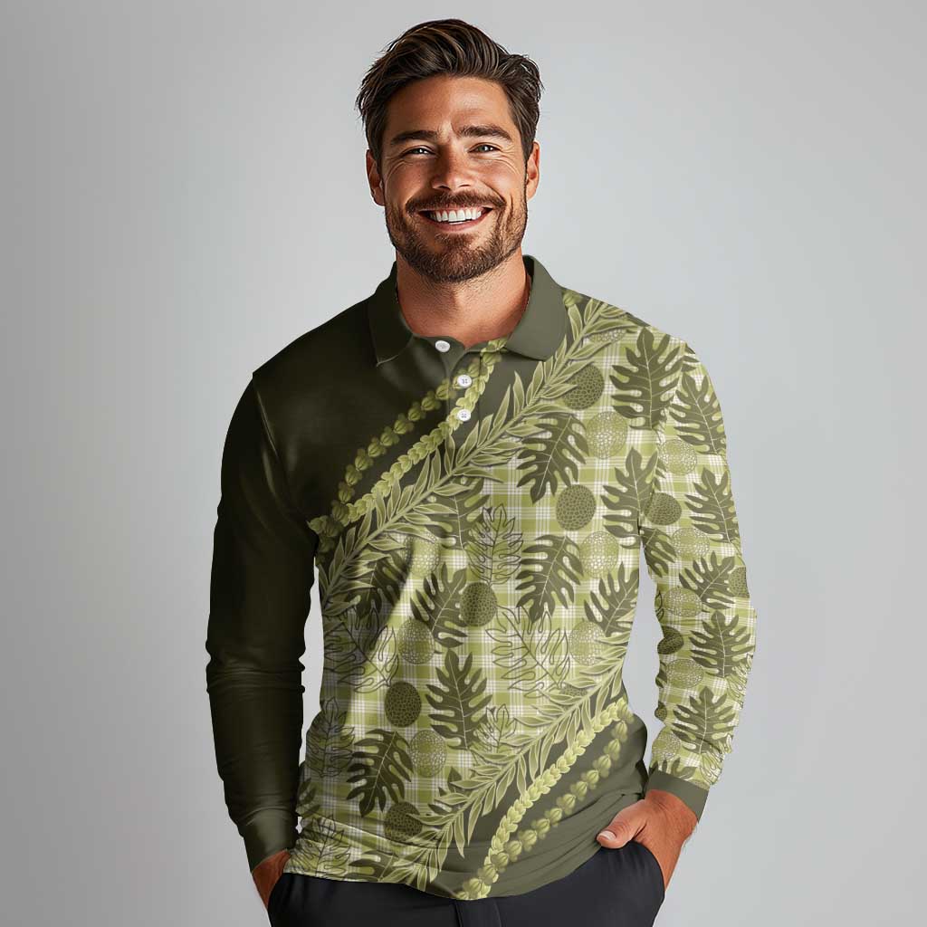 Hawaii Breadfruit Palaka Long Sleeve Polo Shirt Omaomao Maile Lei - Polynesian Pride
