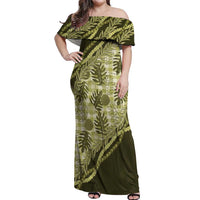 Hawaii Breadfruit Palaka Off Shoulder Maxi Dress Omaomao Maile Lei LT9 Women Green - Polynesian Pride