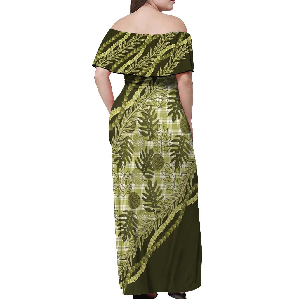 Hawaii Breadfruit Palaka Off Shoulder Maxi Dress Omaomao Maile Lei LT9 - Polynesian Pride
