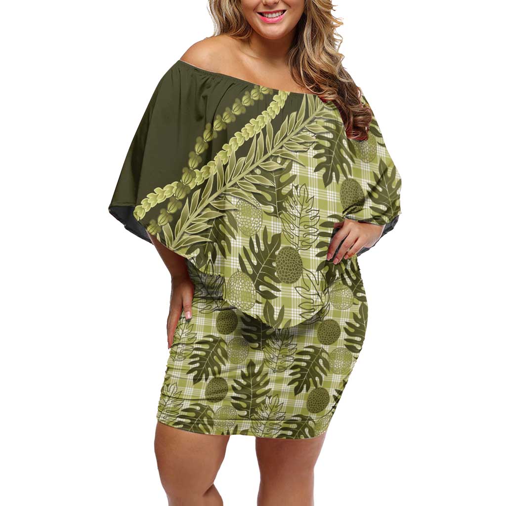 Hawaii Breadfruit Palaka Off Shoulder Short Dress Omaomao Maile Lei - Polynesian Pride
