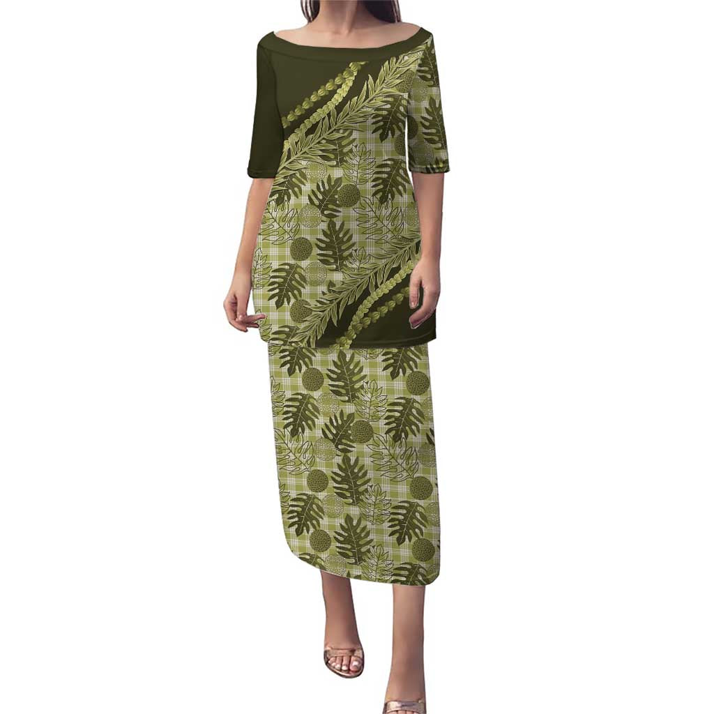 Hawaii Breadfruit Palaka Puletasi Omaomao Maile Lei LT9 Long Dress Green - Polynesian Pride