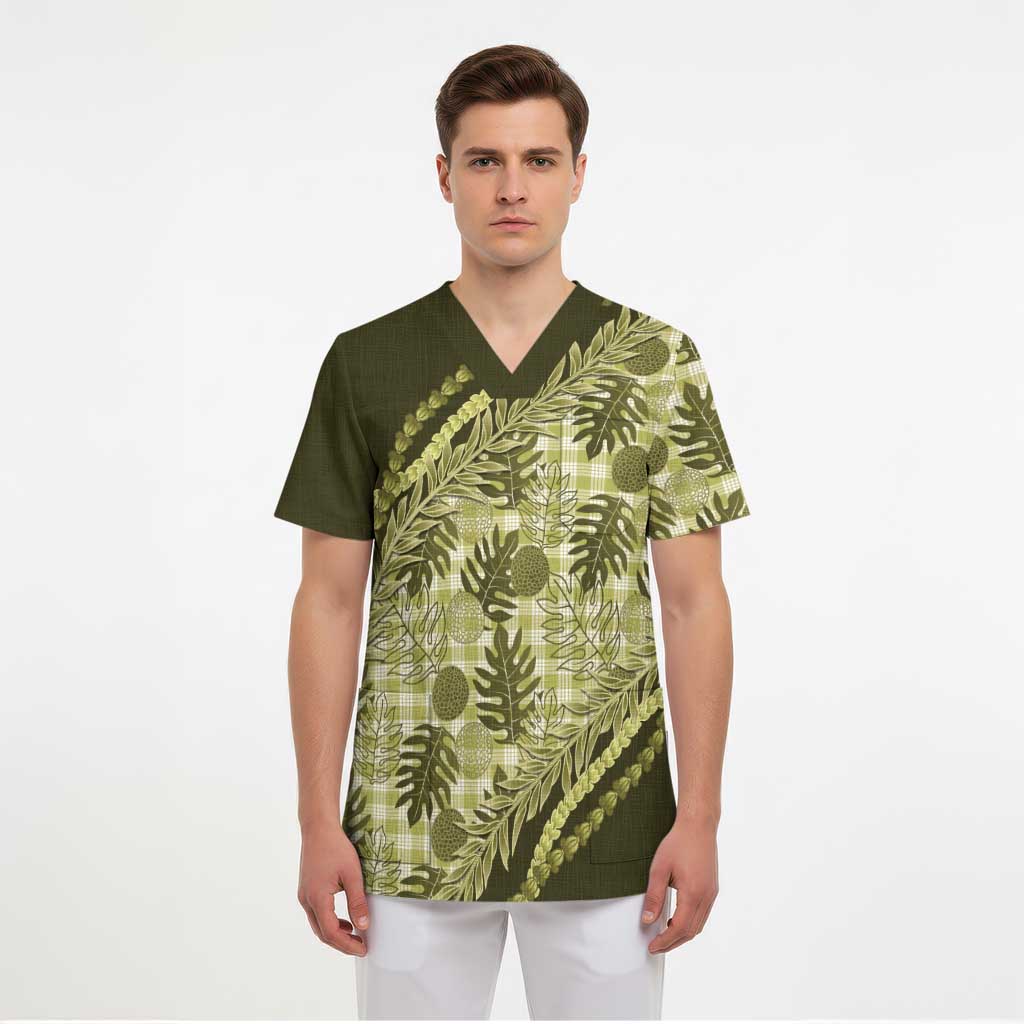 Hawaii Breadfruit Palaka Scrub Top Omaomao Maile Lei - Polynesian Pride