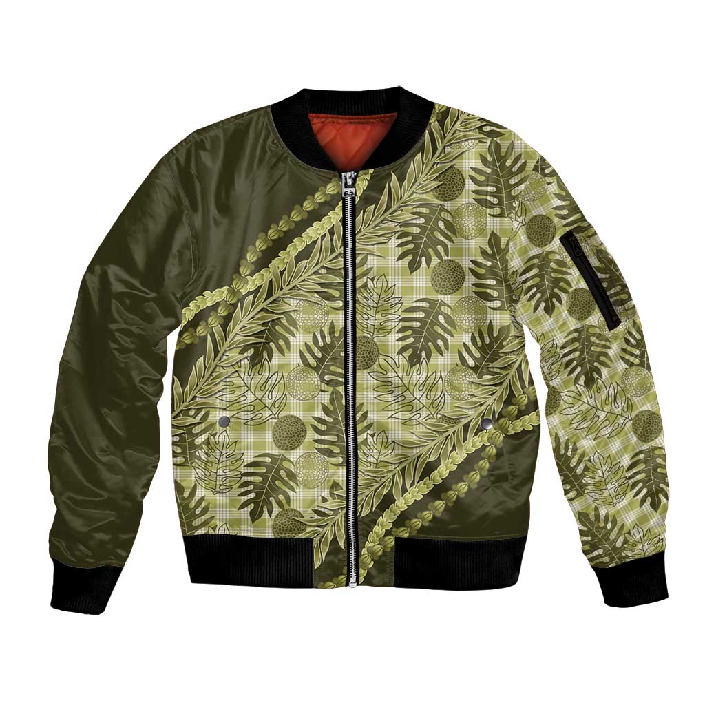 Hawaii Breadfruit Palaka Sleeve Zip Bomber Jacket Omaomao Maile Lei LT9 Unisex Green - Polynesian Pride
