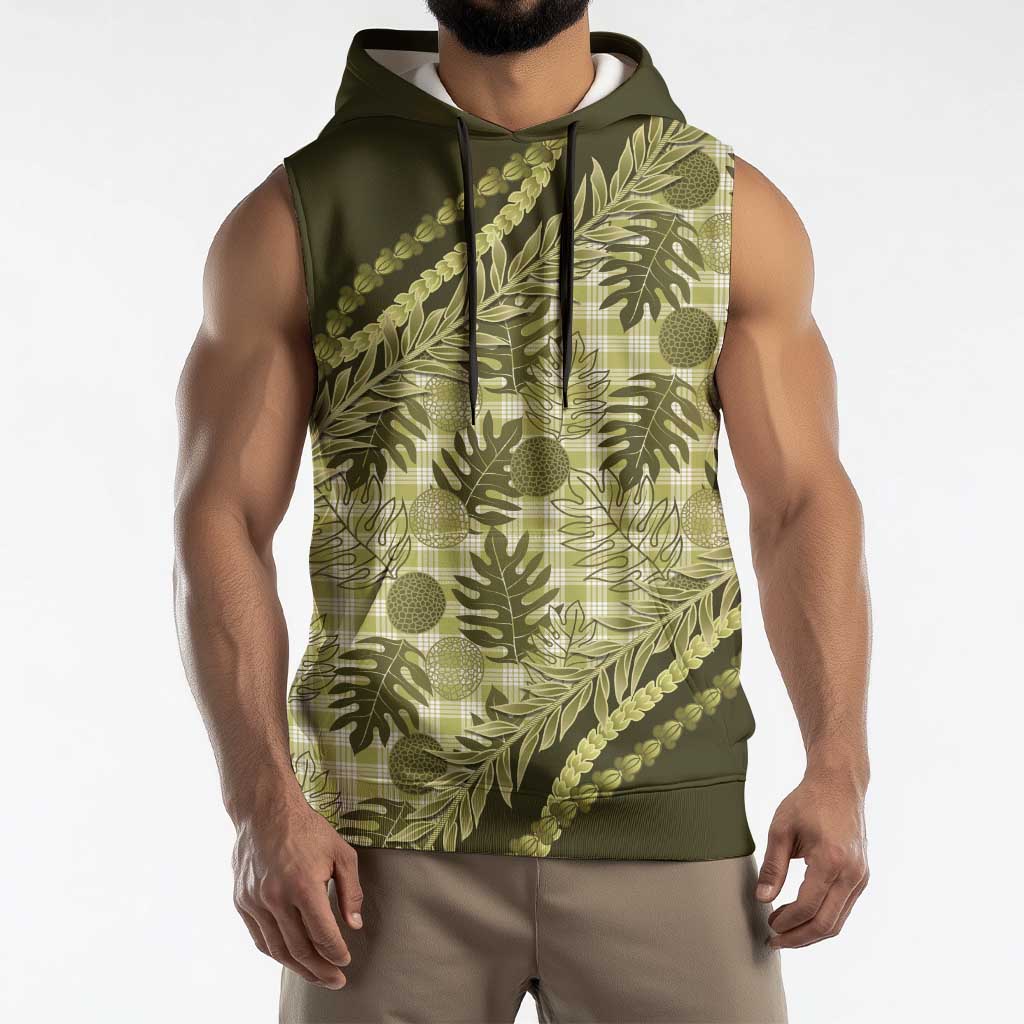 Hawaii Breadfruit Palaka Sleeveless Hoodie Omaomao Maile Lei - Polynesian Pride