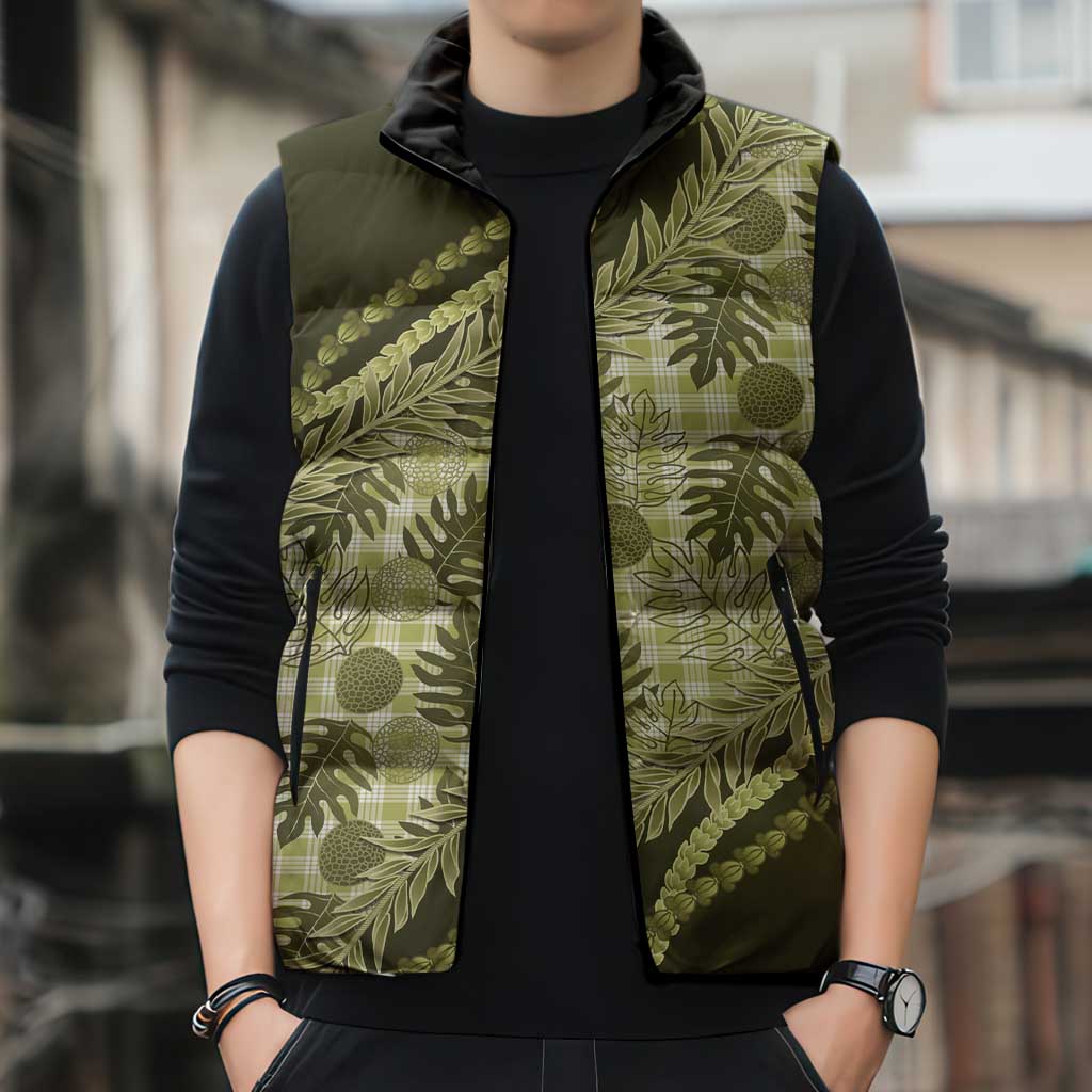 Hawaii Breadfruit Palaka Sleeveless Puffer Jacket Omaomao Maile Lei - Polynesian Pride