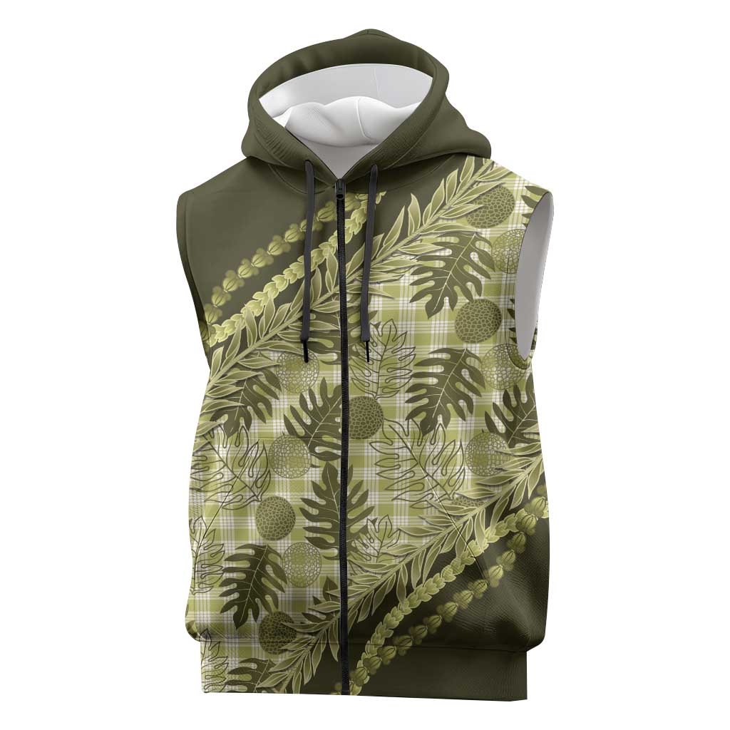 Hawaii Breadfruit Palaka Sleeveless Zip Hoodie Omaomao Maile Lei - Polynesian Pride