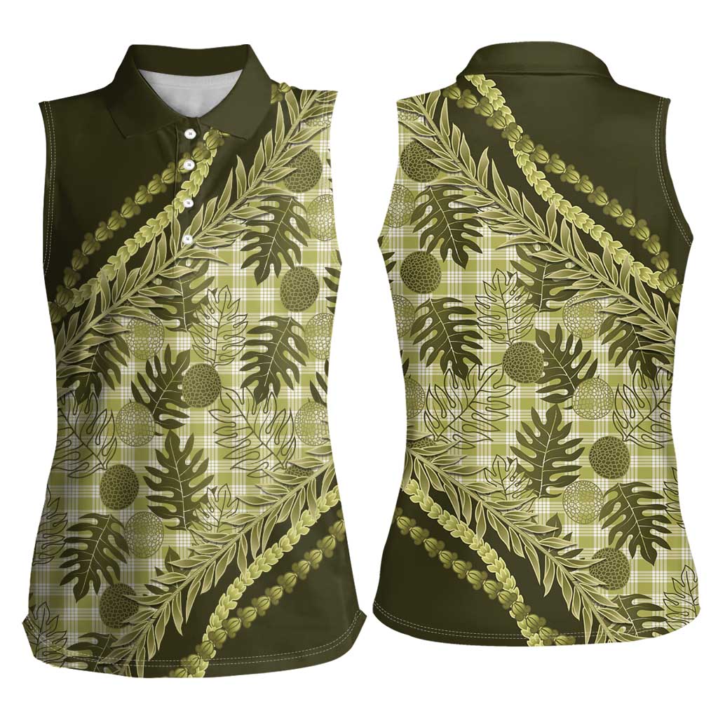 Hawaii Breadfruit Palaka Women Sleeveless Polo Shirt Omaomao Maile Lei - Polynesian Pride
