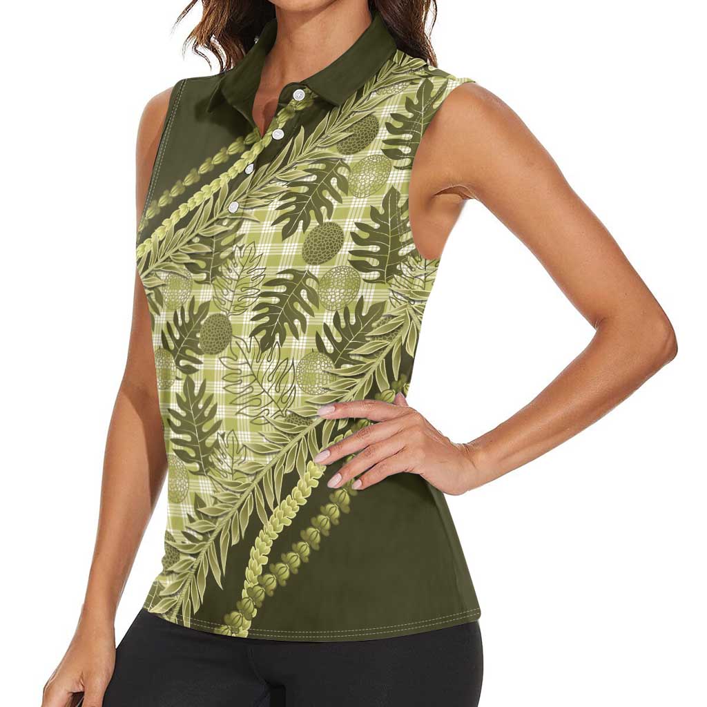 Hawaii Breadfruit Palaka Women Sleeveless Polo Shirt Omaomao Maile Lei - Polynesian Pride