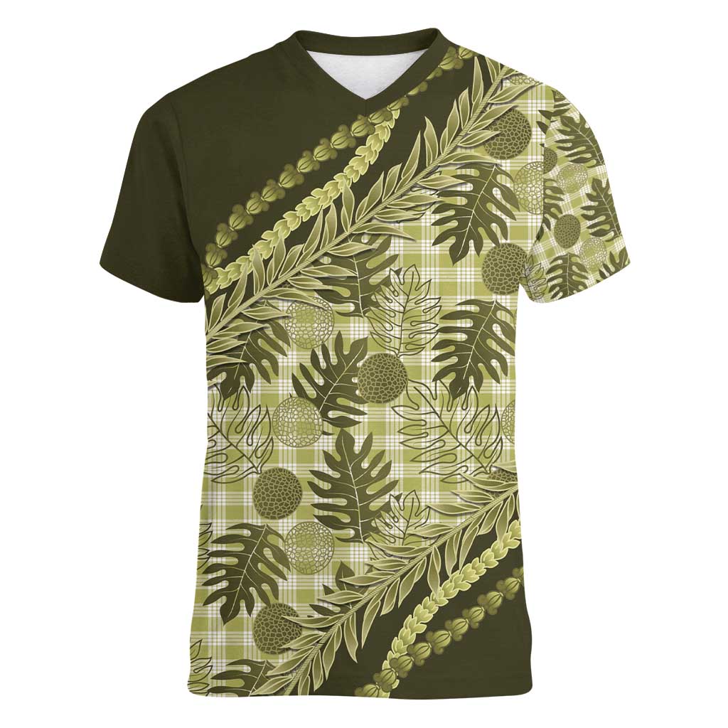 Hawaii Breadfruit Palaka Women V-Neck T-Shirt Omaomao Maile Lei - Polynesian Pride