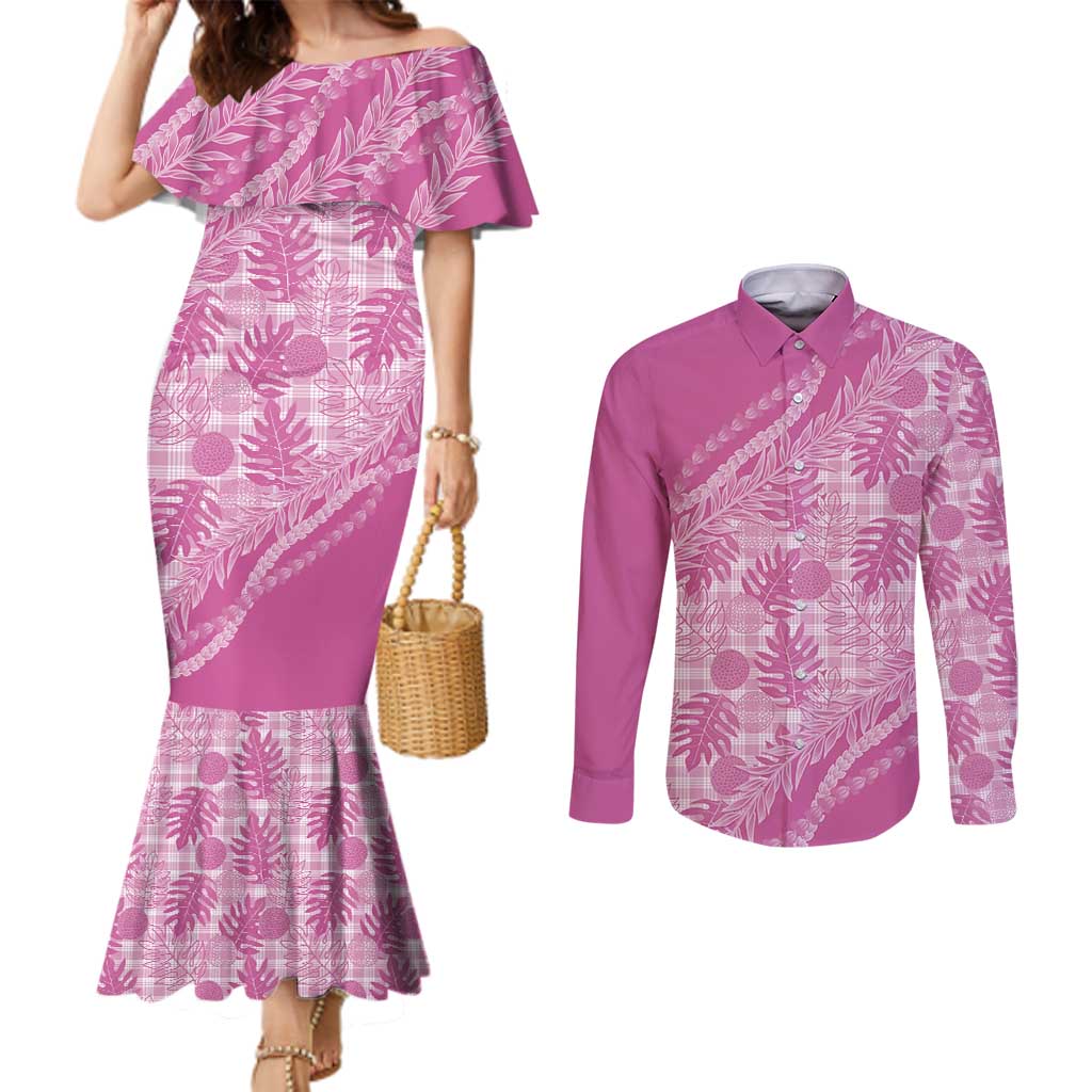 Hawaii Breadfruit Palaka Couples Matching Mermaid Dress and Long Sleeve Button Shirt Omaomao Ulaula Maile Lei LT9 Pink - Polynesian Pride
