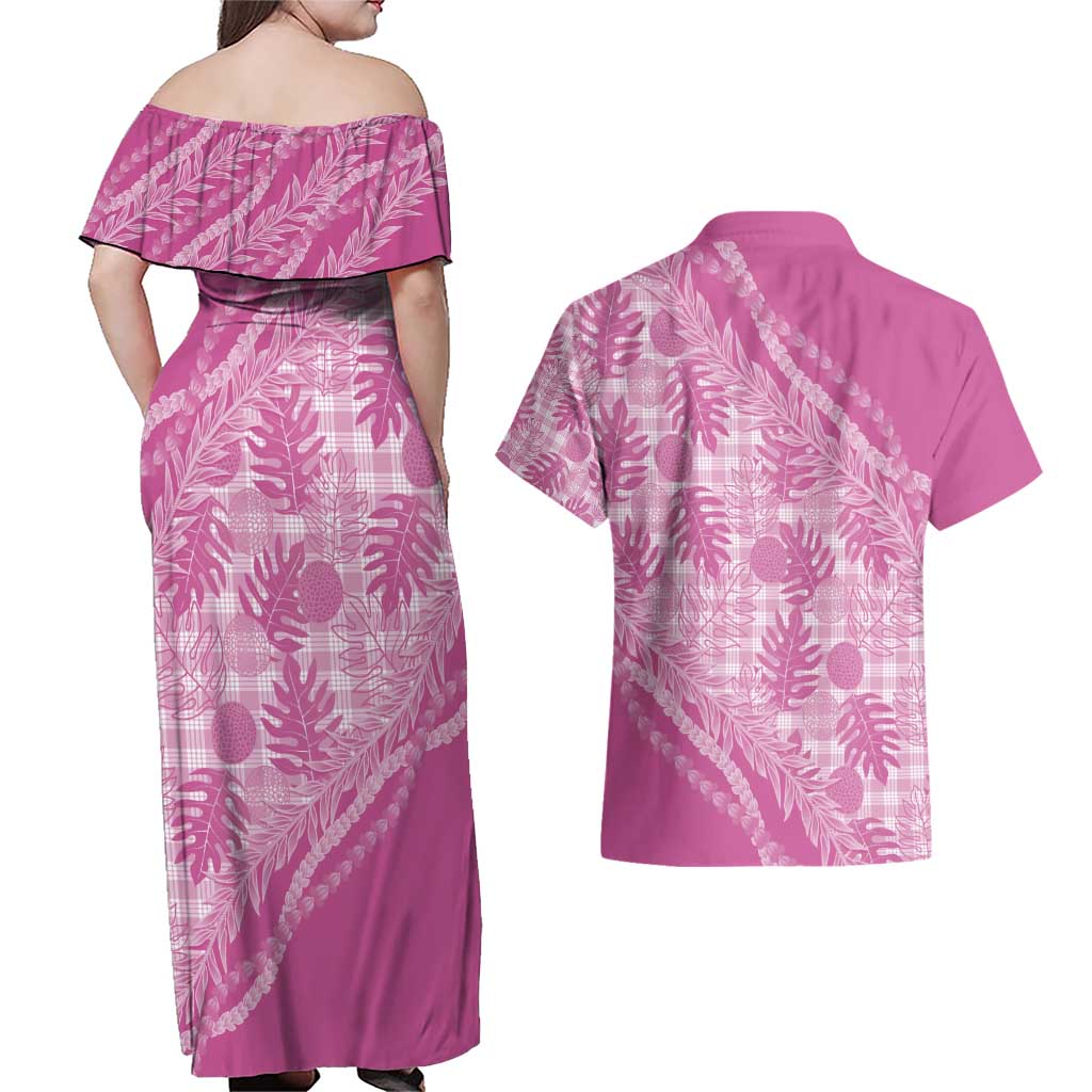 Hawaii Breadfruit Palaka Couples Matching Off Shoulder Maxi Dress and Hawaiian Shirt Omaomao Ulaula Maile Lei - Polynesian Pride