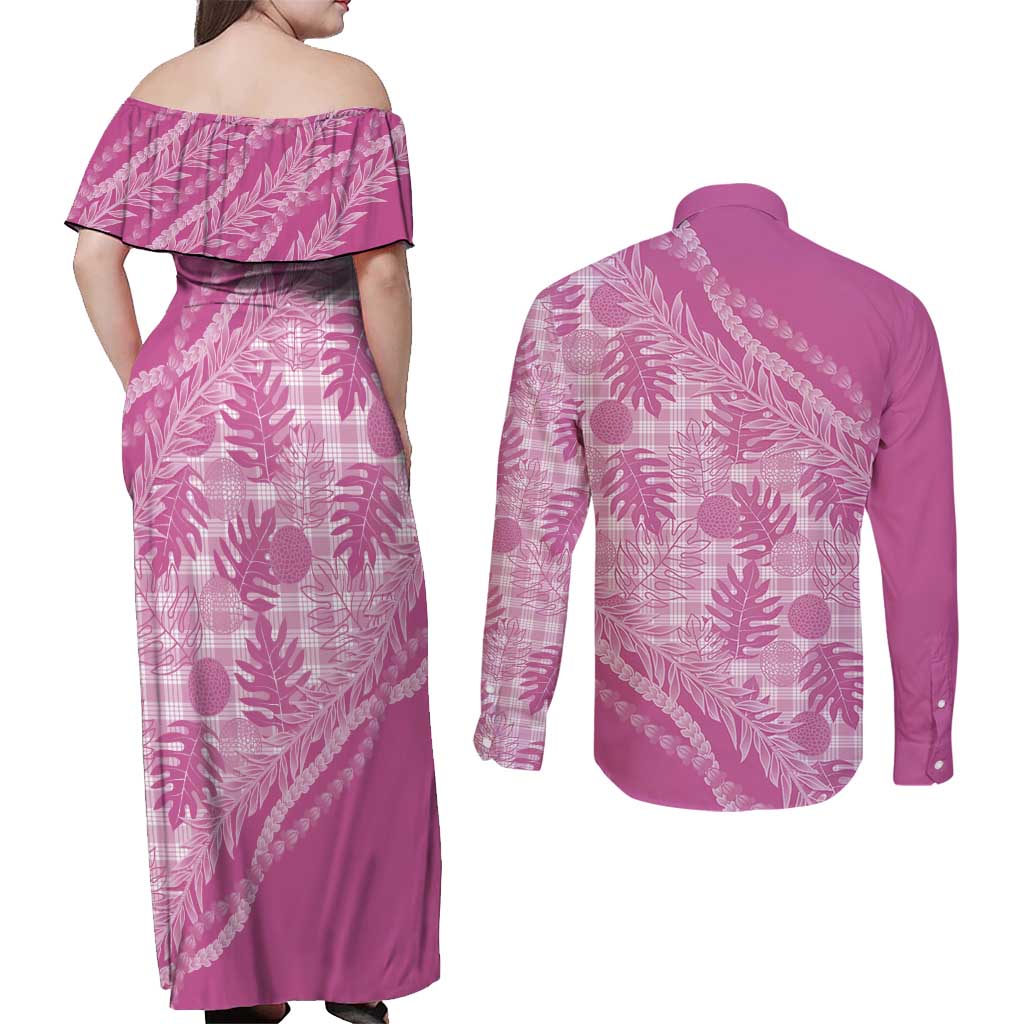 Hawaii Breadfruit Palaka Couples Matching Off Shoulder Maxi Dress and Long Sleeve Button Shirt Omaomao Ulaula Maile Lei - Polynesian Pride