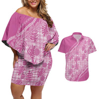 Hawaii Breadfruit Palaka Couples Matching Off Shoulder Short Dress and Hawaiian Shirt Omaomao Ulaula Maile Lei - Polynesian Pride