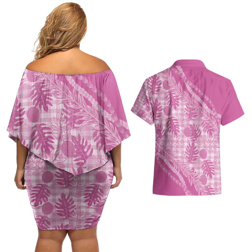 Hawaii Breadfruit Palaka Couples Matching Off Shoulder Short Dress and Hawaiian Shirt Omaomao Ulaula Maile Lei - Polynesian Pride