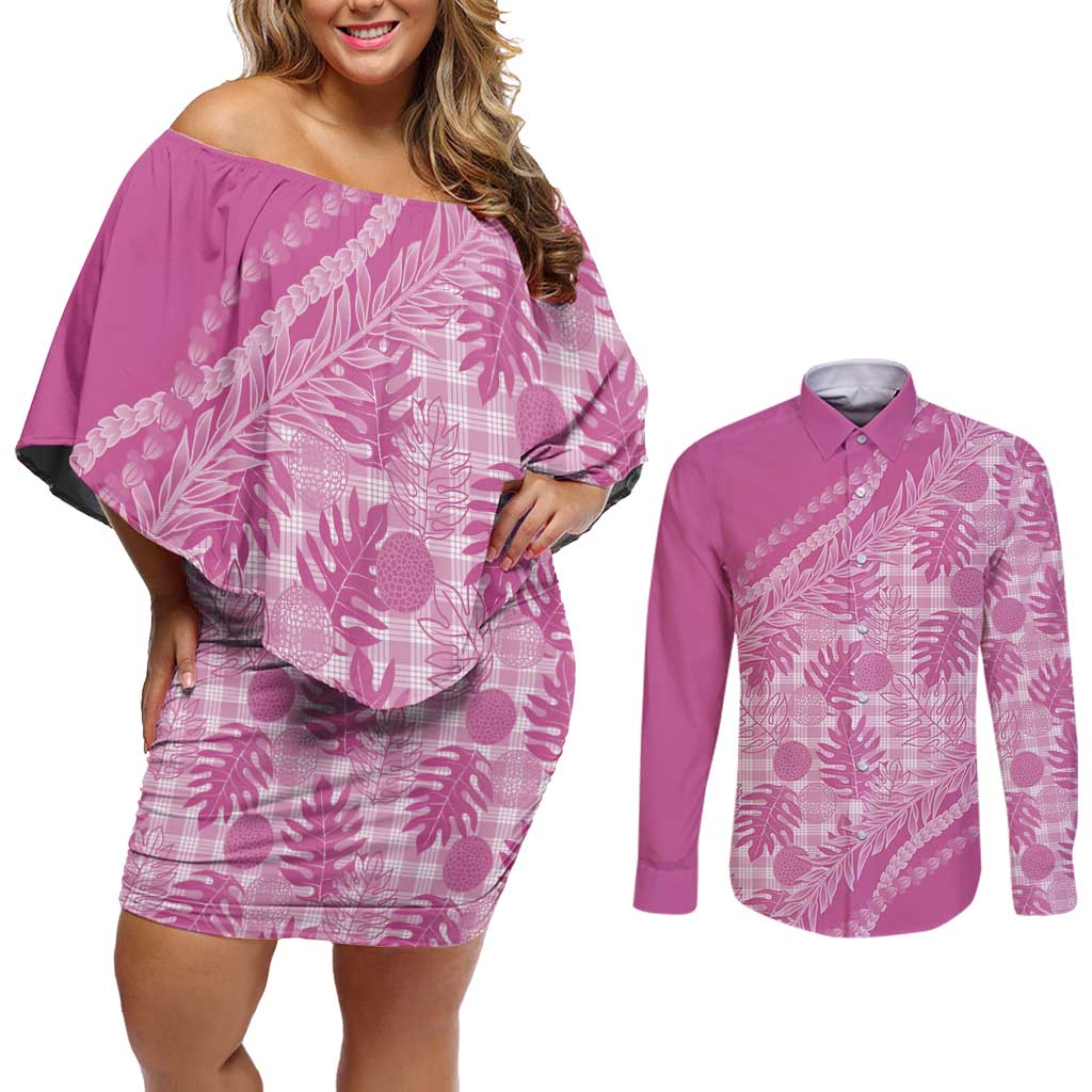 Hawaii Breadfruit Palaka Couples Matching Off Shoulder Short Dress and Long Sleeve Button Shirt Omaomao Ulaula Maile Lei LT9 Pink - Polynesian Pride