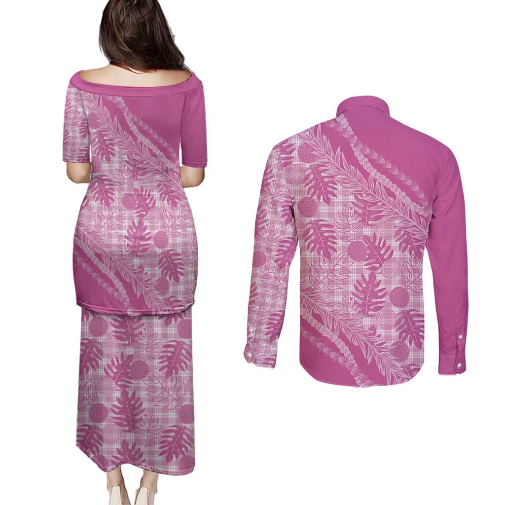 Hawaii Breadfruit Palaka Couples Matching Puletasi and Long Sleeve Button Shirt Omaomao Ulaula Maile Lei - Polynesian Pride