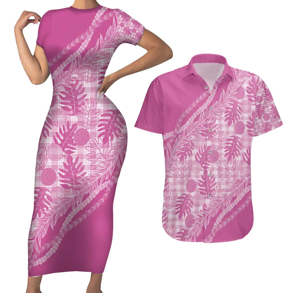Hawaii Breadfruit Palaka Couples Matching Short Sleeve Bodycon Dress and Hawaiian Shirt Omaomao Ulaula Maile Lei - Polynesian Pride