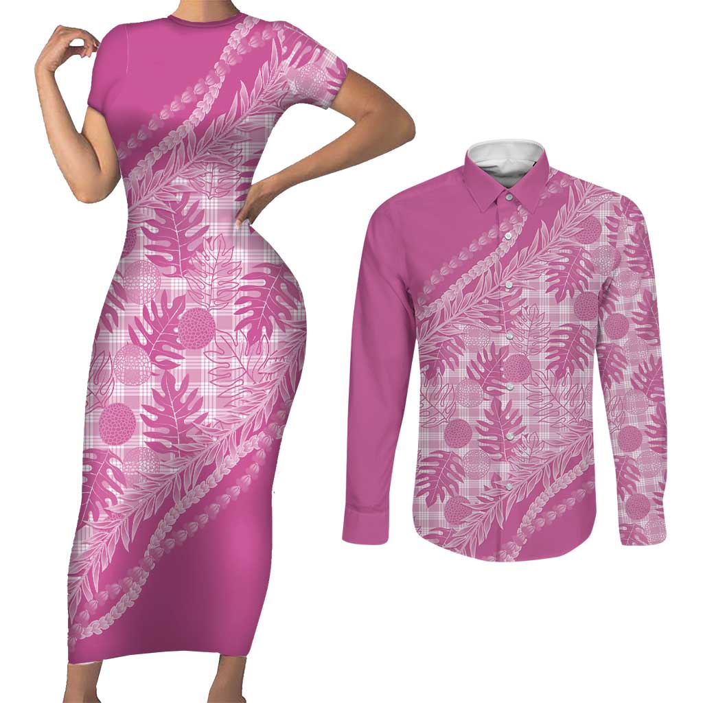 Hawaii Breadfruit Palaka Couples Matching Short Sleeve Bodycon Dress and Long Sleeve Button Shirt Omaomao Ulaula Maile Lei LT9 Pink - Polynesian Pride